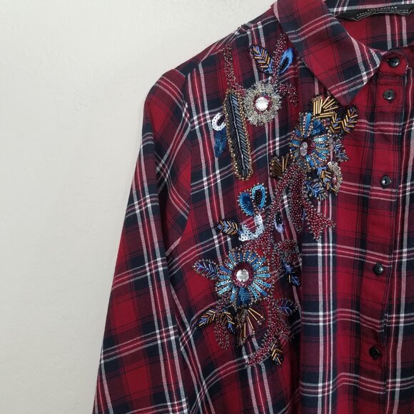 Zara Embellished Button Down Plaid Shirt Top Red Size L - Picture 4 of 10